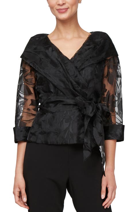 Floral Tie Belt Illusion Three-Quarter Sleeve Top