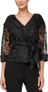 Alex Evenings Floral Tie Belt Illusion Three-Quarter Sleeve Top