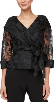 Alex Evenings Floral Tie Belt Illusion Three-Quarter Sleeve Top