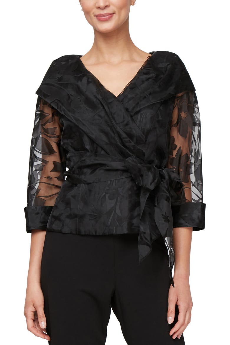 Floral Tie Belt Illusion Three-Quarter Sleeve Top video