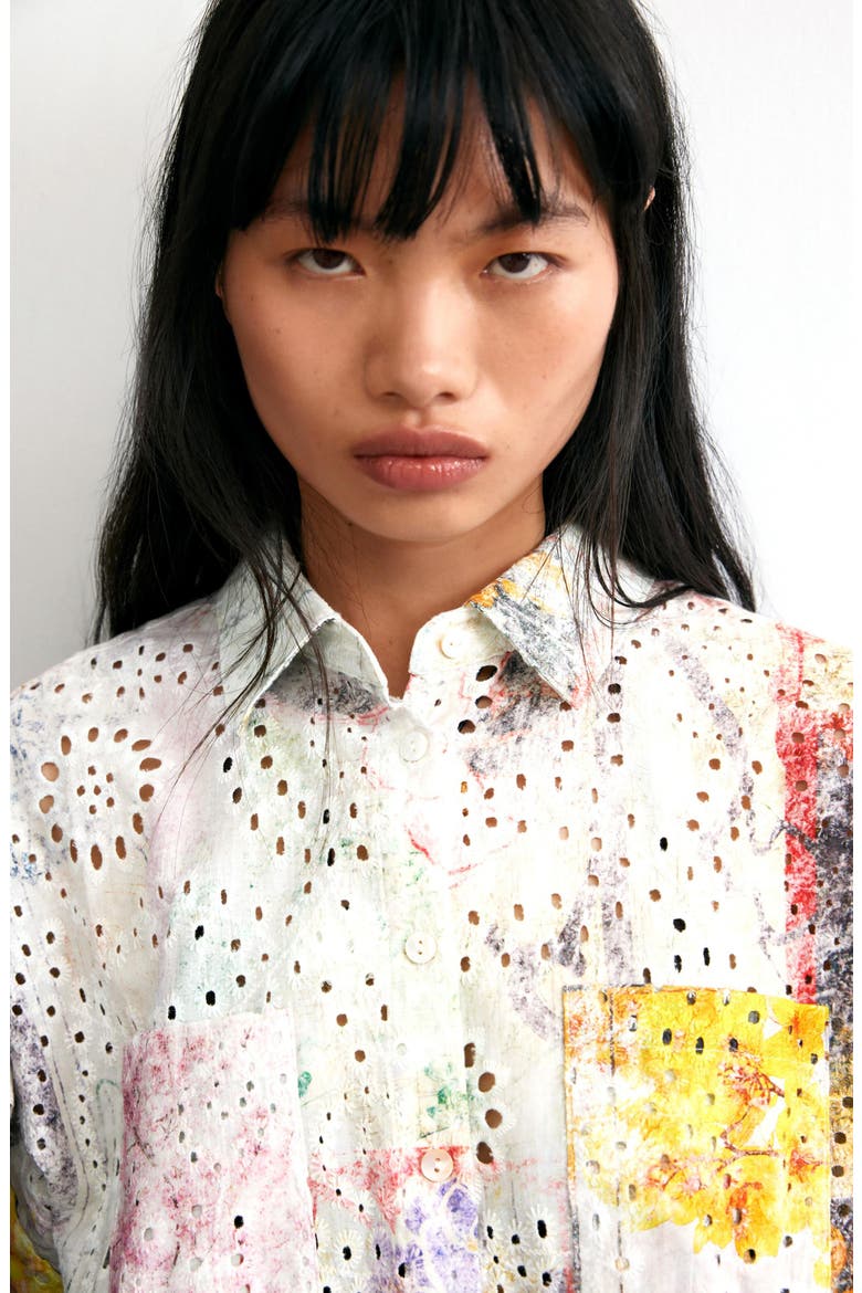 Floral Print Eyelet Button-Up Shirt, Alternate, color, MULTI