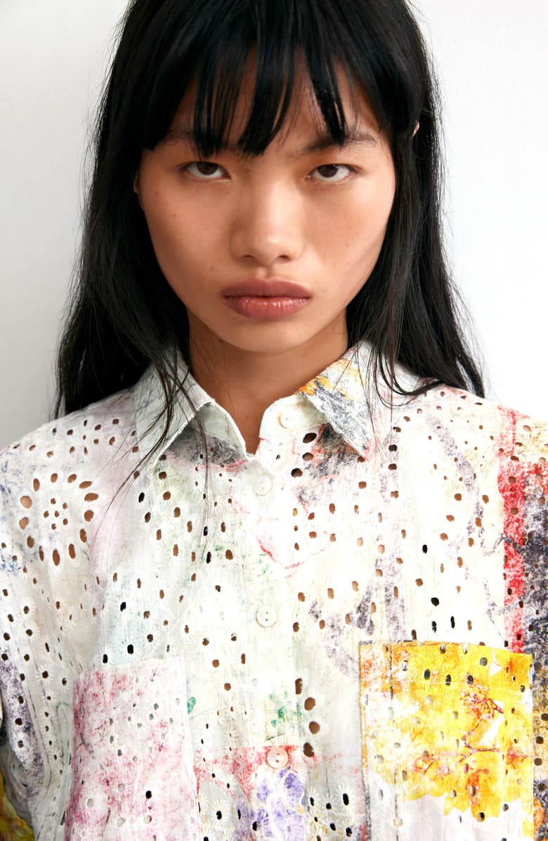 Desigual Floral Print Eyelet Button-Up Shirt, Alternate, color,