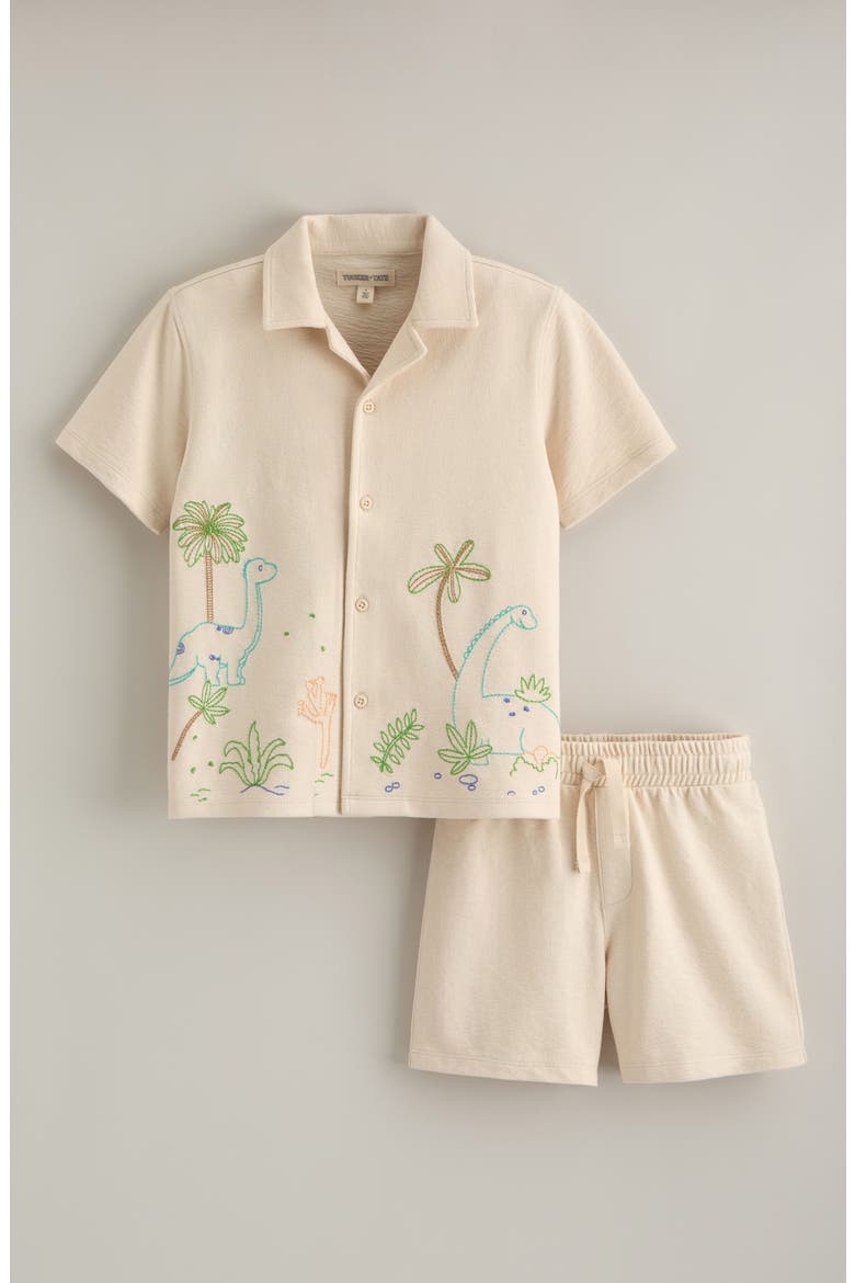 Kids' Knit Button-Up Shirt & Shorts Set, Main, color, BEIGE BEACH DINO EMBROIDERY