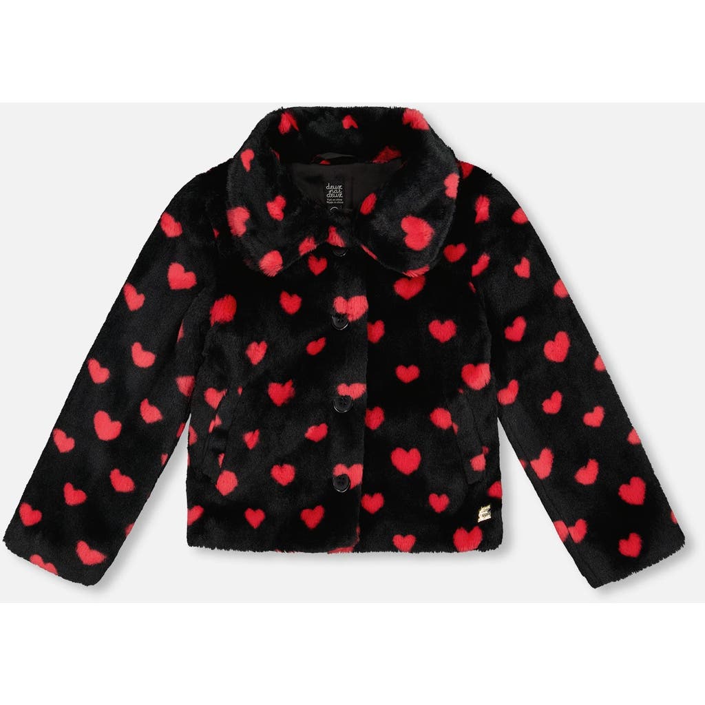 Deux Par Deux Faux Fur Short Coat With Hearts In Black