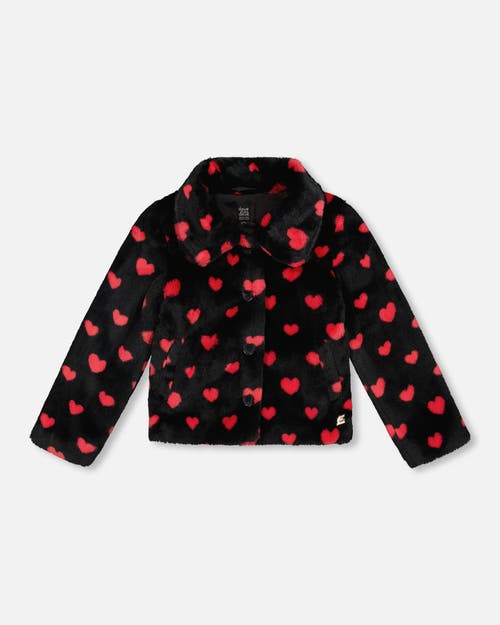 Deux Par Deux Girl Faux Fur Short Coat With Hearts In Black