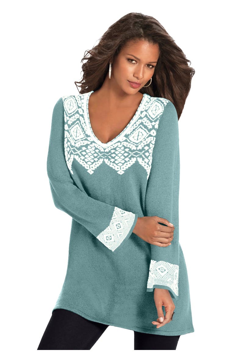 Fit And Flare Tunic Sweater, Main, color, COOL SAGE IVORY FAIR ISLE