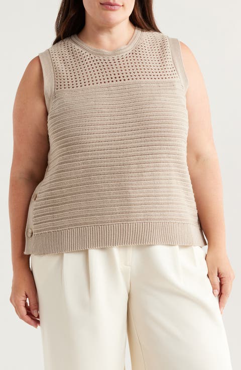 Open Stitch Side-Button Cotton Sweater Tank (Plus)