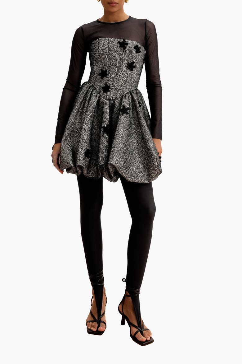 Sequin Balloon-Hem Mini Dress With Crochet Florals, Alternate, color, Black
