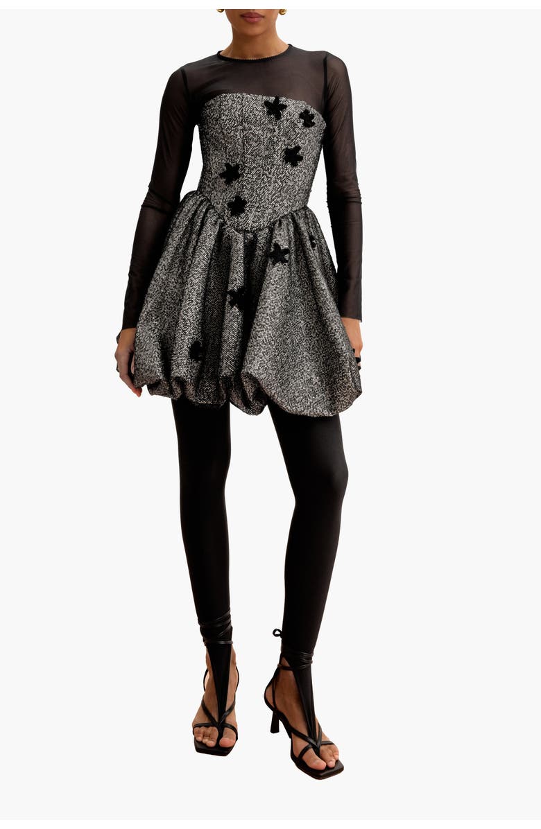 Malva Florea Sequin Balloon-Hem Mini Dress With Crochet Florals, Alternate, color, Black