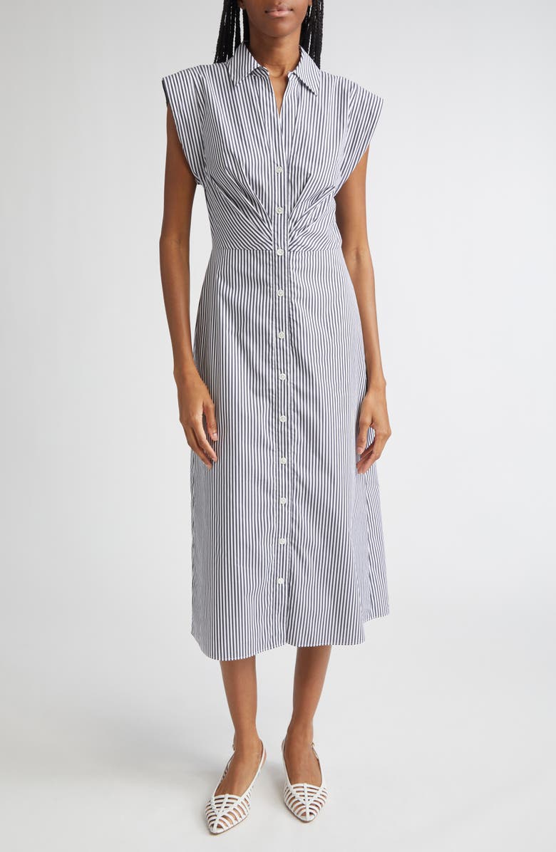 Veronica Beard Haydon Sleeveless Stripe Cotton Blend Shirtdress, Main, color, Navy White
