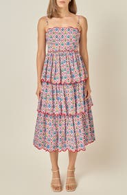 English Factory Printed Scallop Tiered Midi Dress