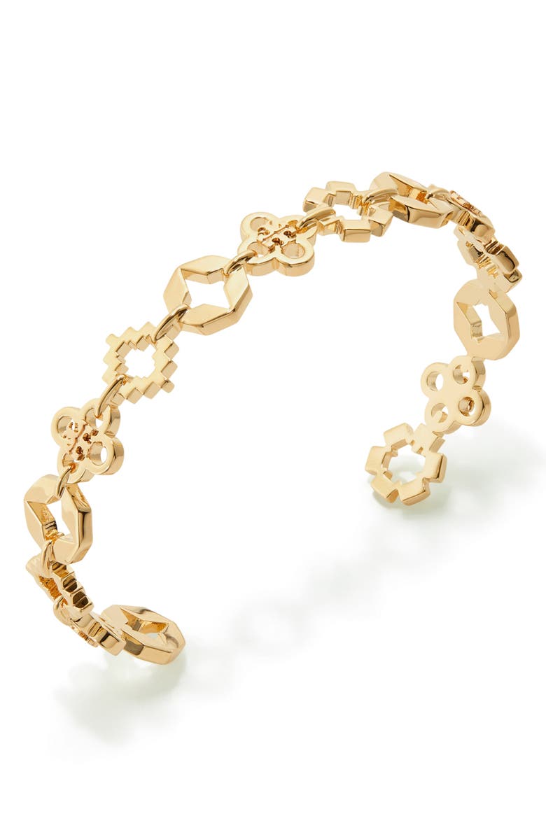 Tory Burch Kira Clover Mixed Logo Cuff Bracelet, Alternate, color, Tory Gold