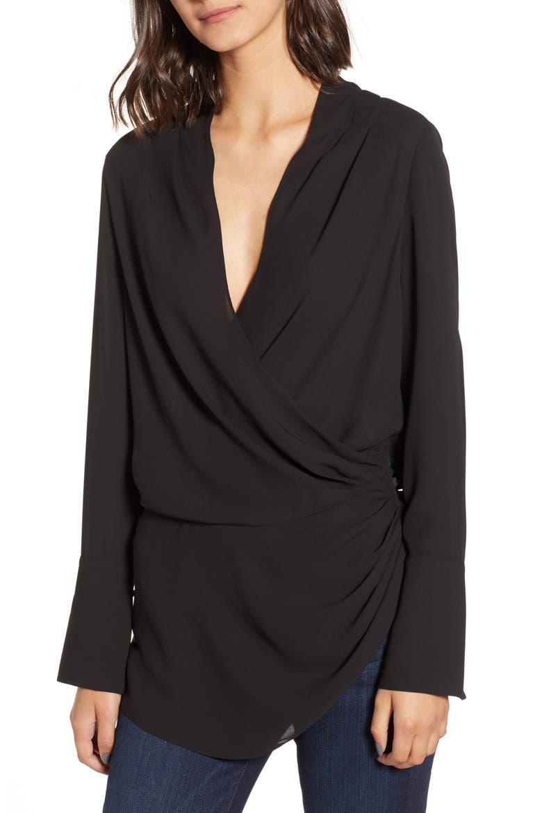 Chelsea28 Long Sleeve Wrap Blouse, Main, color, BLACK