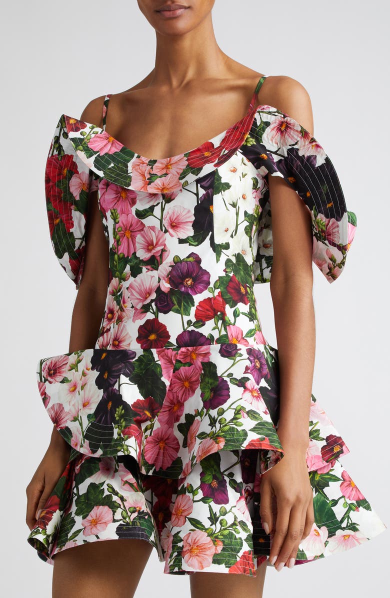 Oscar de la Renta Hollyhock Print Cold Shoulder Stretch Cotton Poplin Minidress, Alternate, color, 