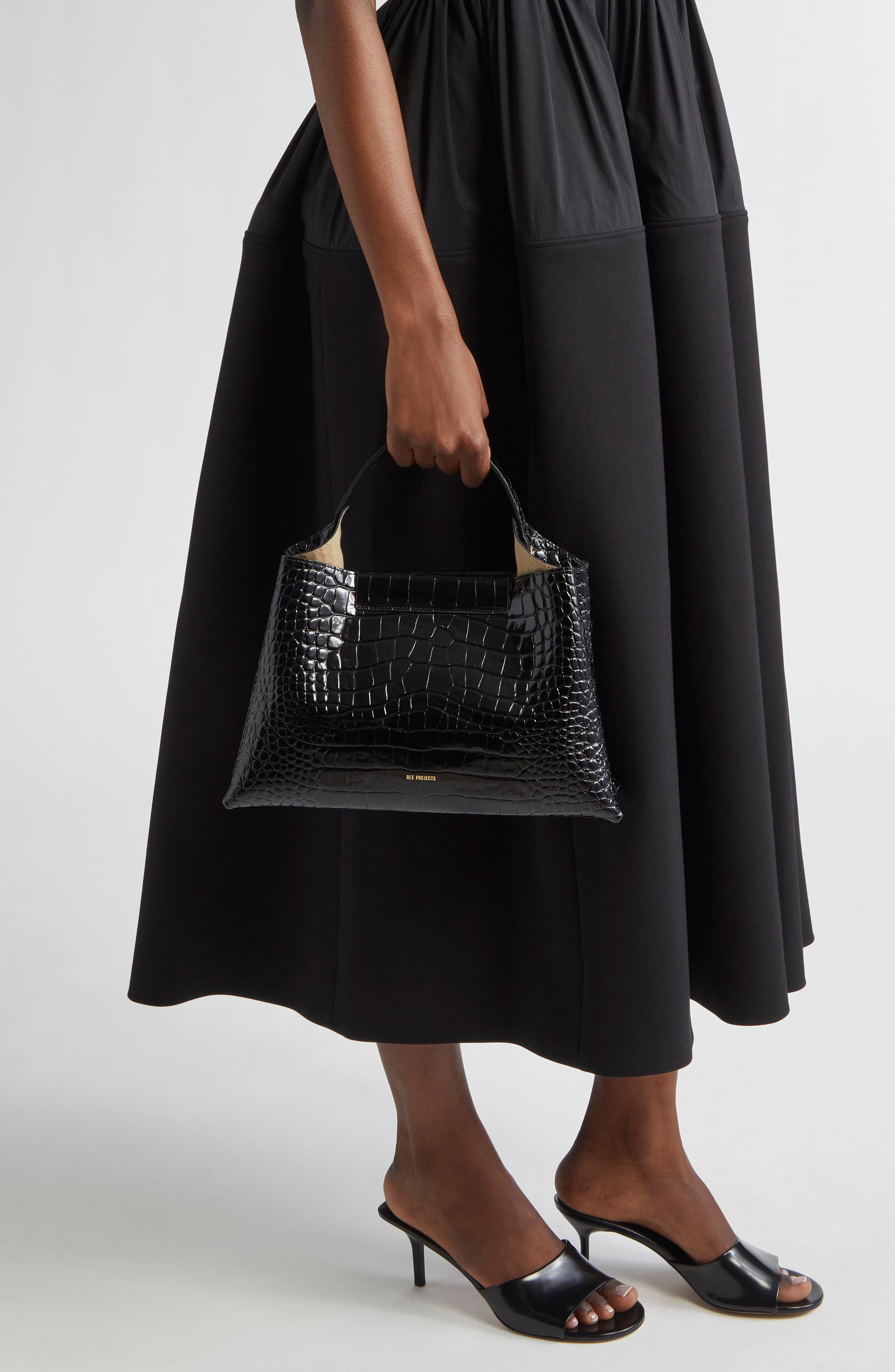 Ree Projects Medium Elieze Croc Embossed Patent Leather Top Handle Bag, Alternate, color, 