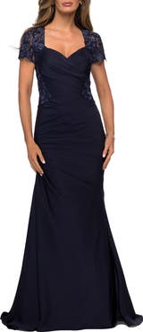 La Femme Satin Evening Dress with Lace and Scoop Neckline