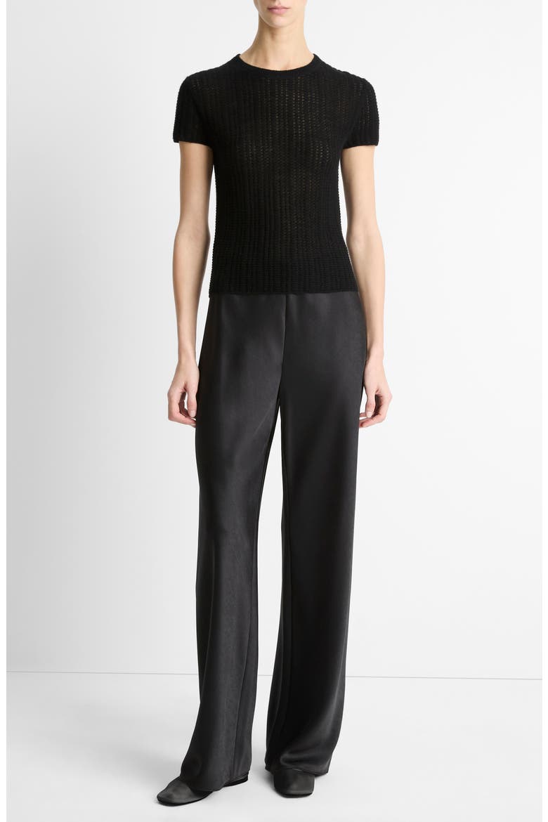 Waffle Stitch Short Sleeve Cashmere & Silk Sweater, Alternate, color, BLACK