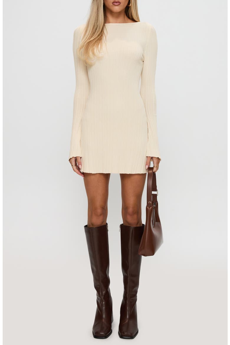 Mayok Open Back Long Sleeve Rib Minidress, Main, color, CREAM
