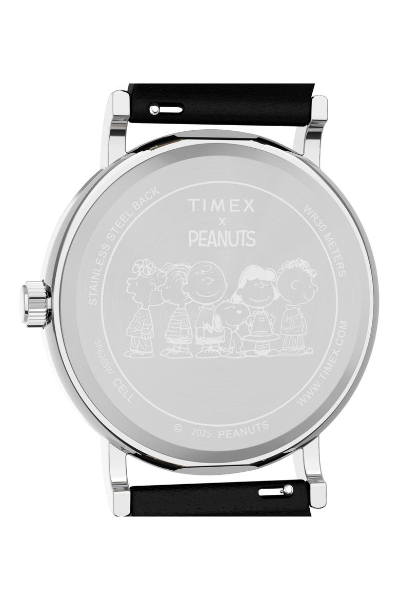 x Peanuts Weekender 75th Anniversary Edition Leather Strap Watch, 38mm, Alternate, color, BLACK