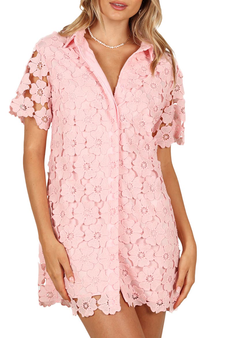 Tallie Floral Lace Shirtdress, Main, color, WATERMELON