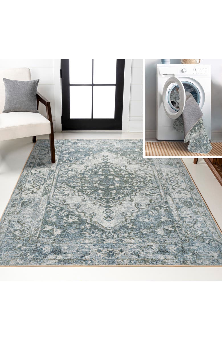 JONATHAN Y Pavel Distressed Medallion Low-Pile Machine-Washable Area Rug, Main, color, Light Gray/Blue