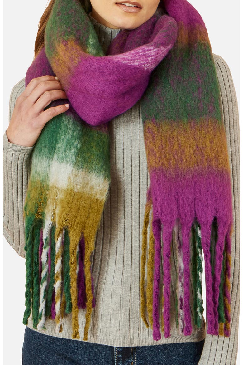 Oversize Brushed Fringe Checked Scarf, Alternate, color, Purple