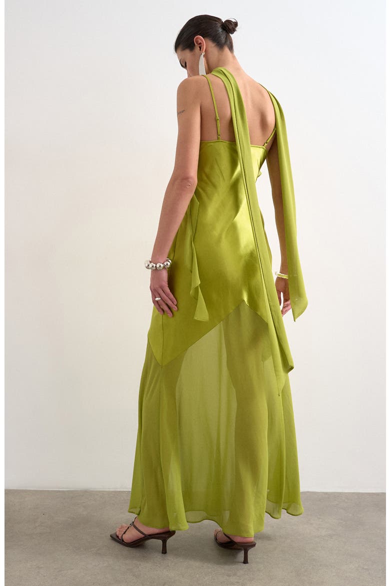Mixed Media Ruffle Maxi Dress with Scarf, Alternate, color, GREEN