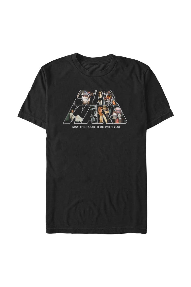 Mens Star Wars Classic Logo Collage May The Fourth T Shirt, Main, color, Black