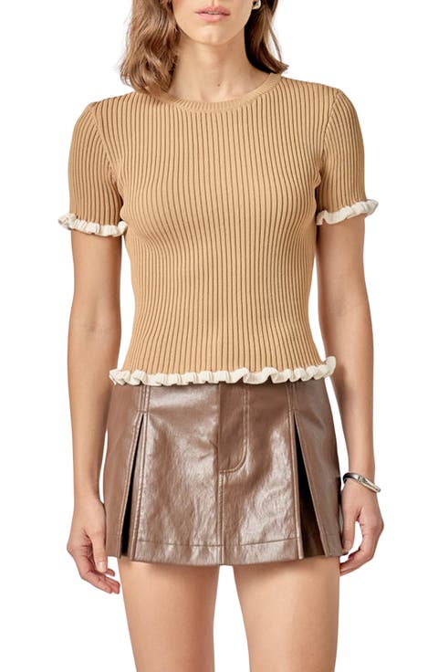 Ruffle Trim Short Sleeve Rib Sweater