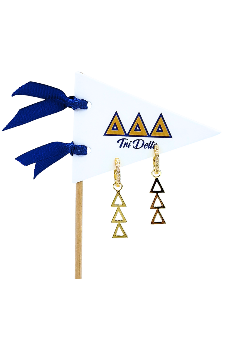 Delta Delta Delta Greek Letter Huggie + Charm Earrings, Main, color, Yellow Gold