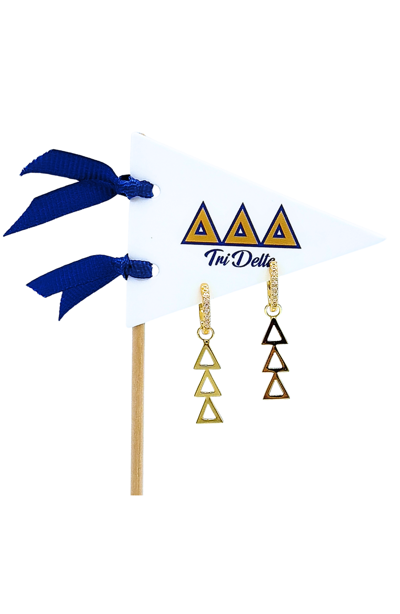 Color Shout Delta Delta Delta Greek Letter Huggie + Charm Earrings, Main, color, Yellow Gold