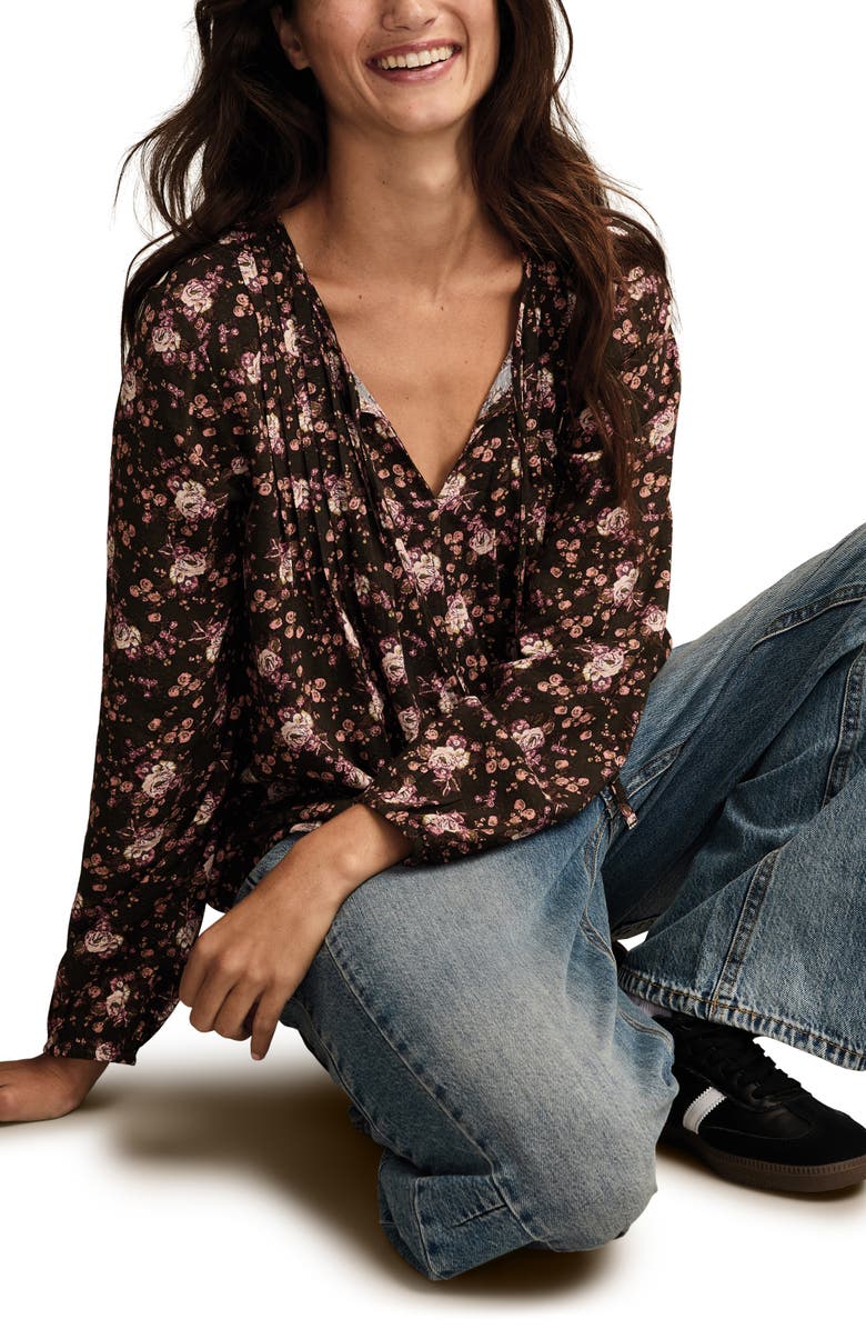 Lucky Brand Pintuck Floral Peasant Top, Alternate, color, Black Multi