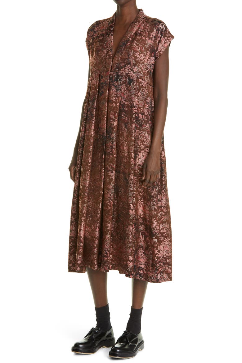Metallic Brocade Midi Dress, Alternate, color, BLACK
