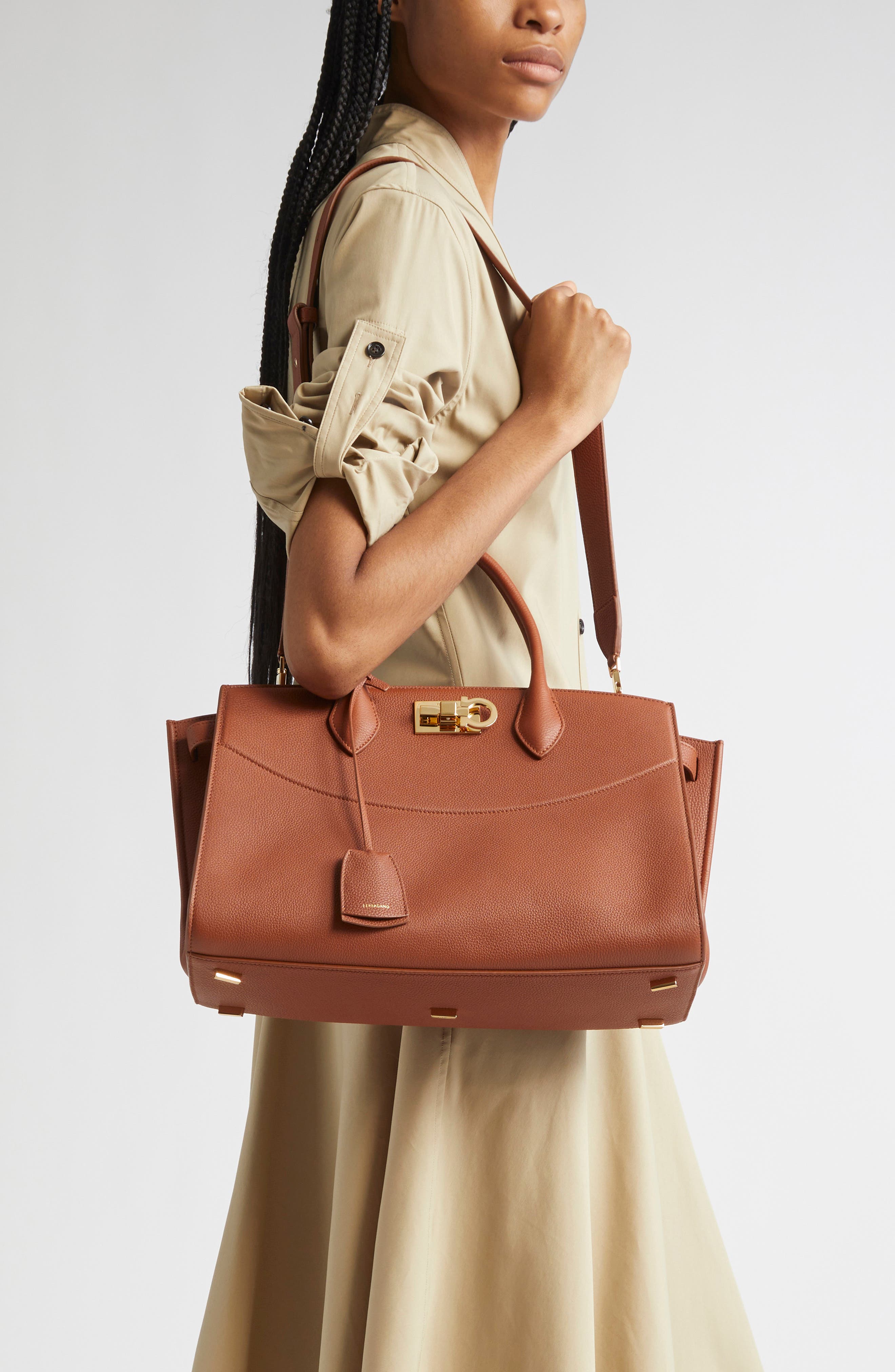 FERRAGAMO Medium The Studio Soft Leather Top Handle Bag, Alternate, color, New Cognac