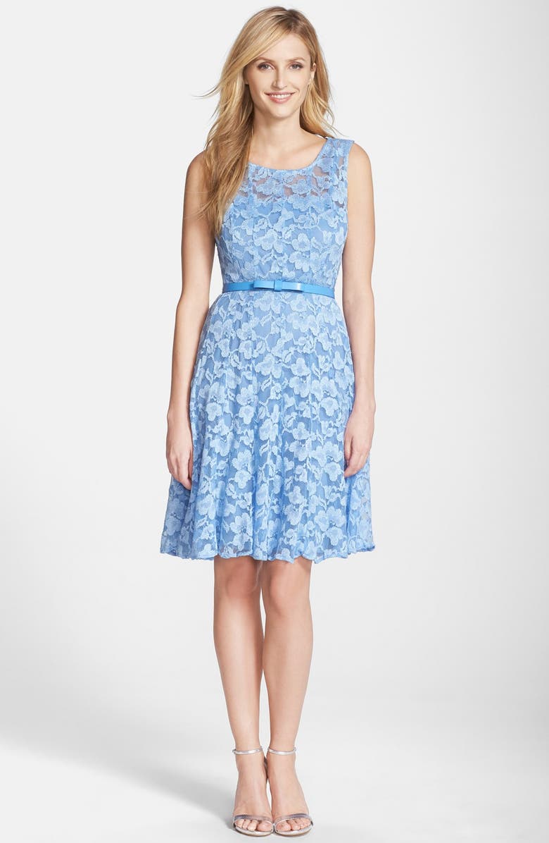 Chetta B Belted Lace Fit & Flare Dress, Alternate, color, 