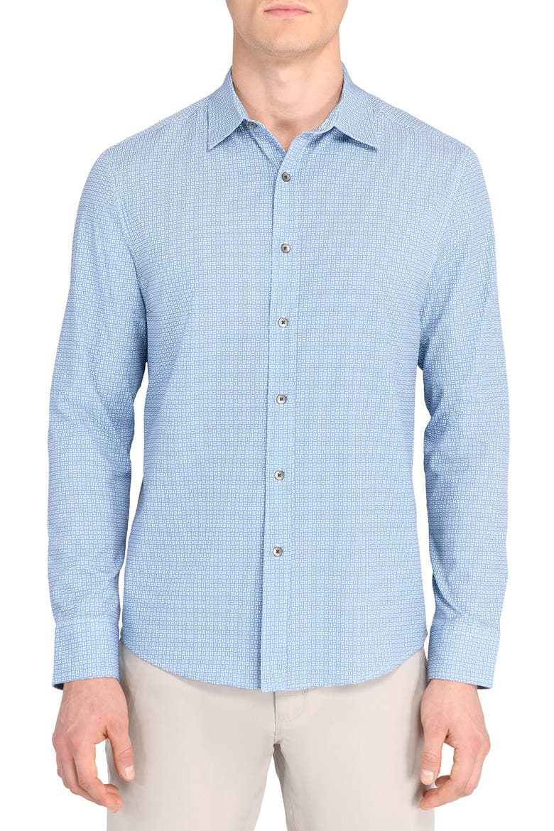 Trim Fit Dash Duo Geo Print Performance Button-Up Shirt, Main, color, BLUE