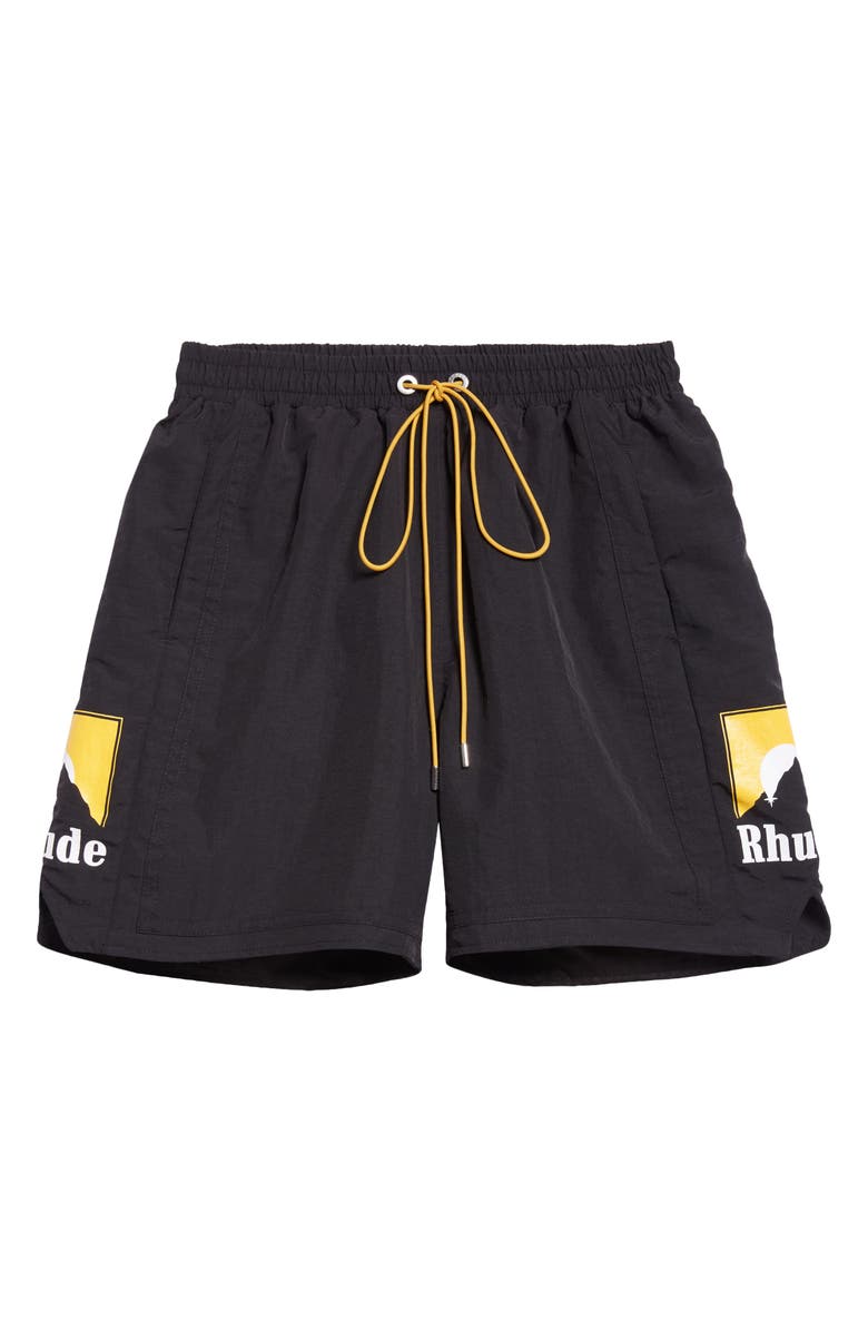 Rhude Moonlight Logo Nylon Drawstring Shorts, Alternate, color, Black / Yellow / White