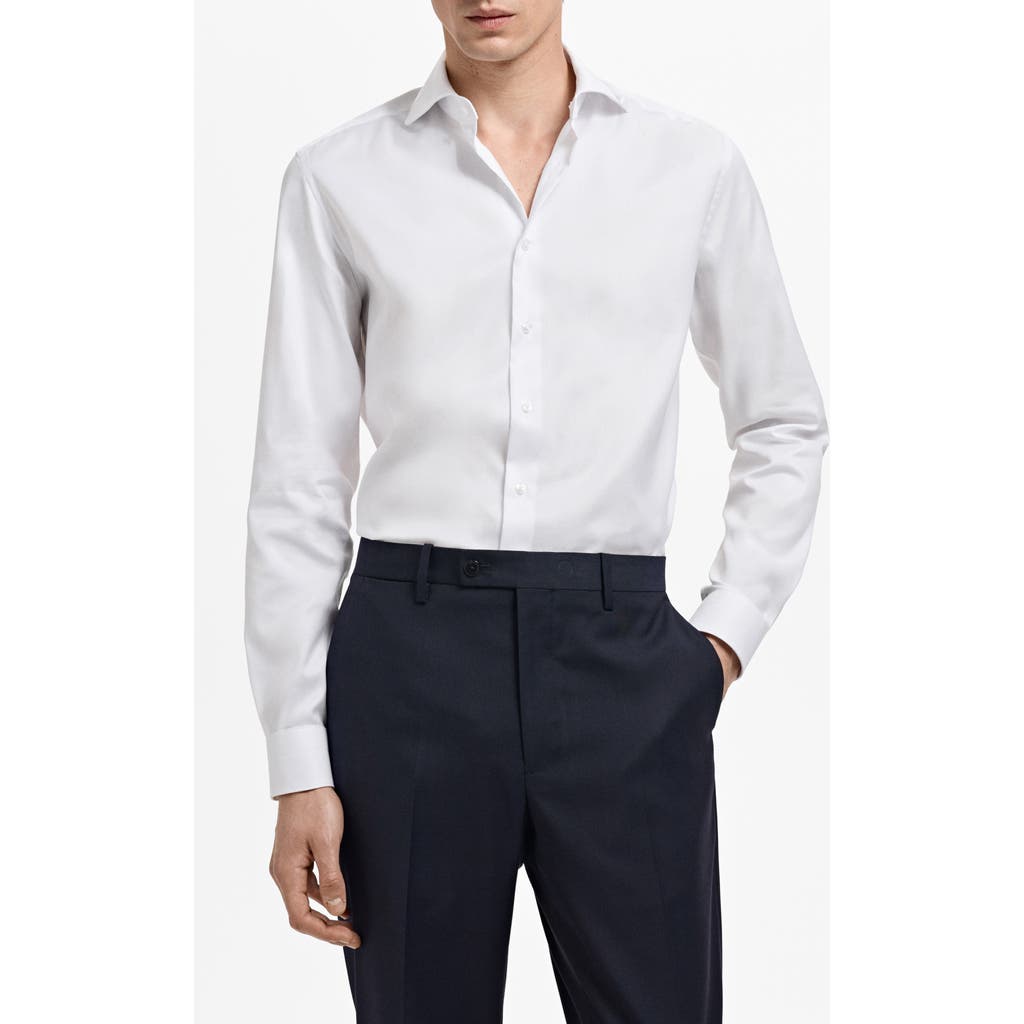 Mango Slim Fit Cotton Herringbone Suit Button-up Shirt In White