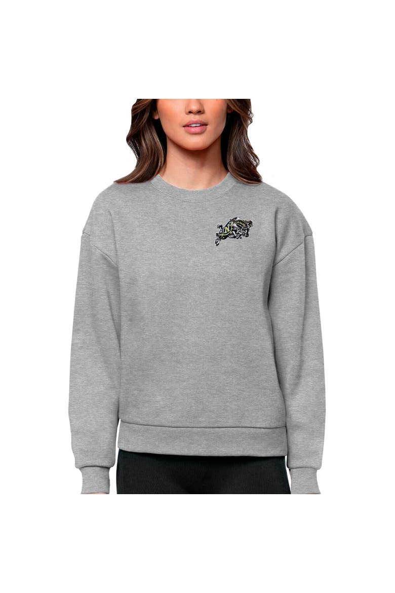 Women's Antigua Heather Gray Navy Midshipmen Logo Victory Crewneck Pullover Sweatshirt, Main, color, Heather Gray