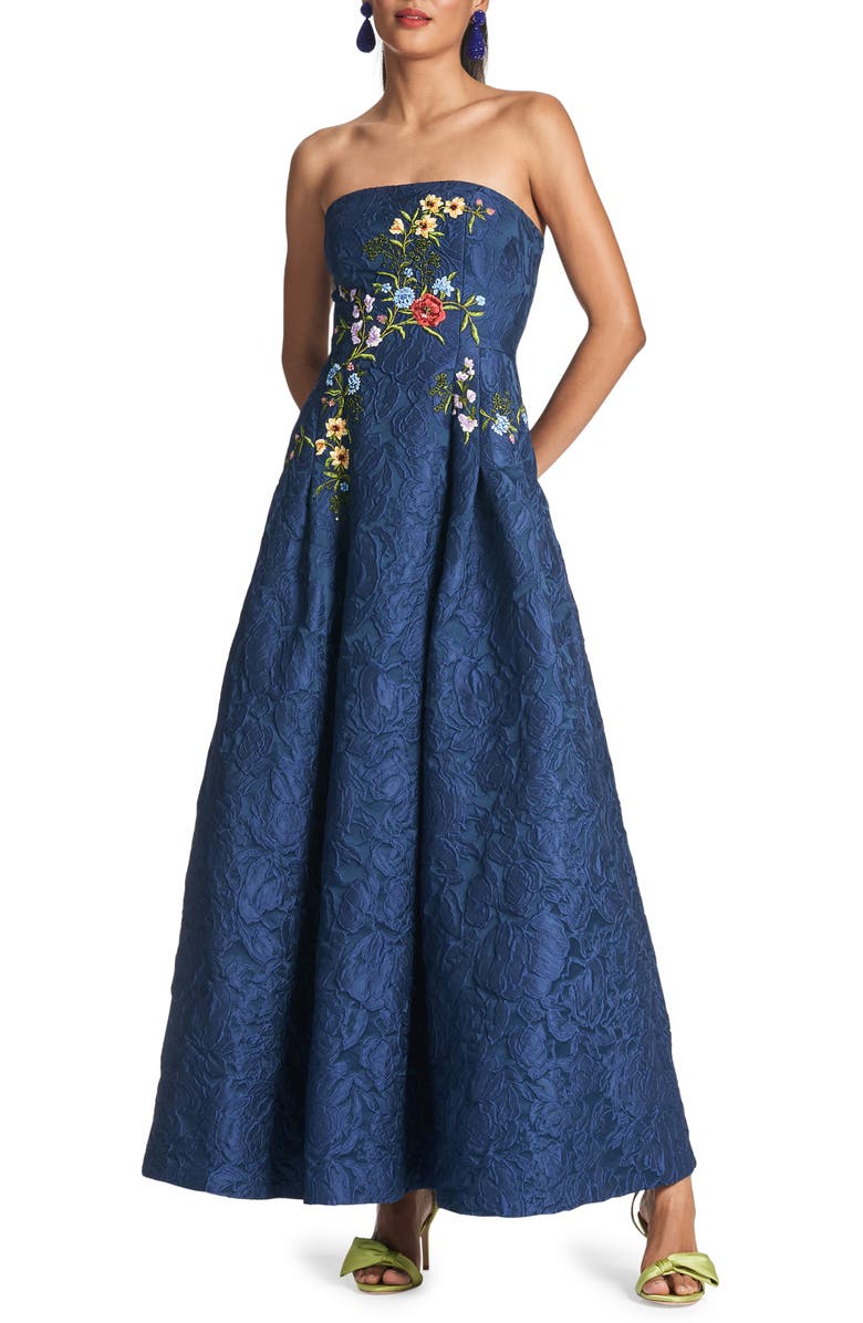 Sachin & Babi Embroidered Floral Jacquard Strapless Gown, Main, color, 
