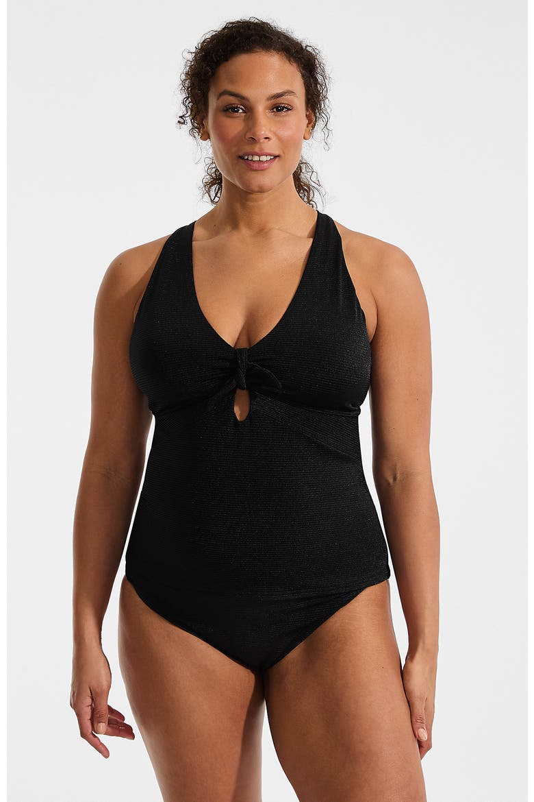 Plus Size Shine Ribbed Tankini Top and High Waisted Bottom Swimsuit Set, Main, color, Black Ottoman