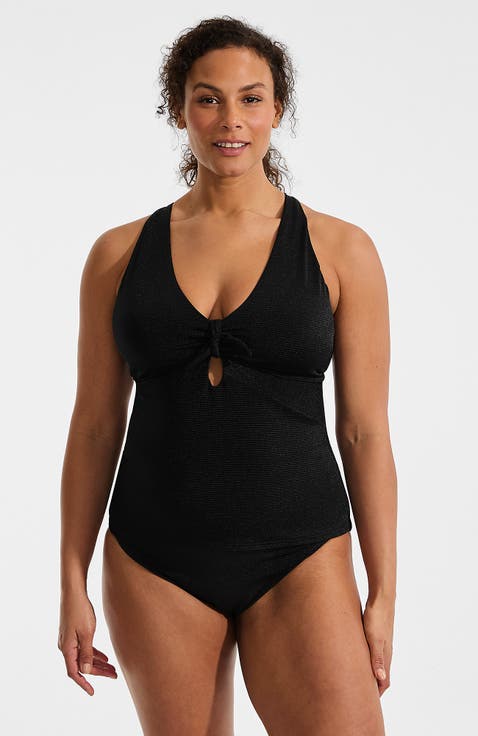 Shine Ribbed Tankini Top and High Waisted Bottom Swimsuit Set