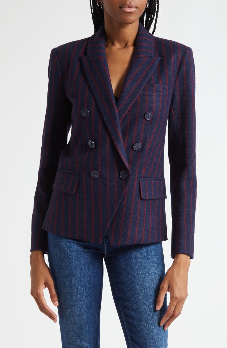 L'AGENCE Kenzie Double Breasted Knit Blazer, Main, color, Midnight/ Red Pinstripe