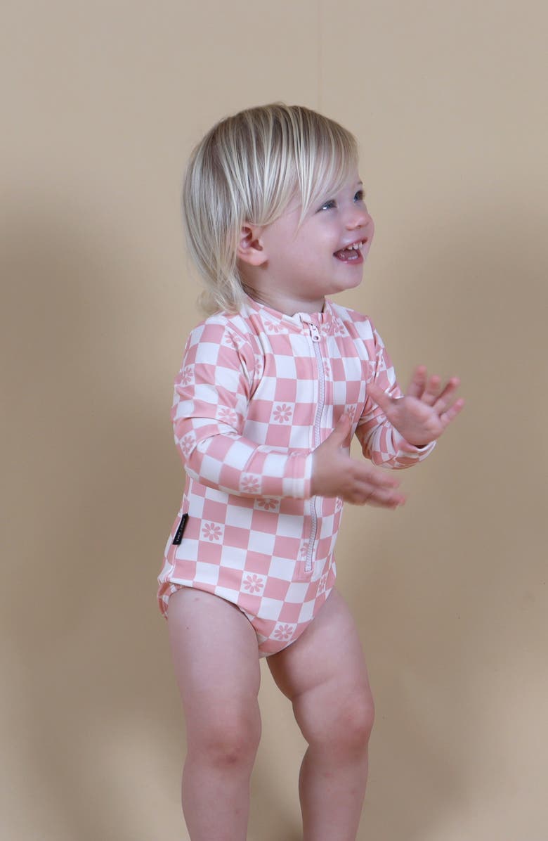 TINY TRIBE Daisy Check Long Sleeve One-Piece Rashguard Swimsuit, Alternate, color, 