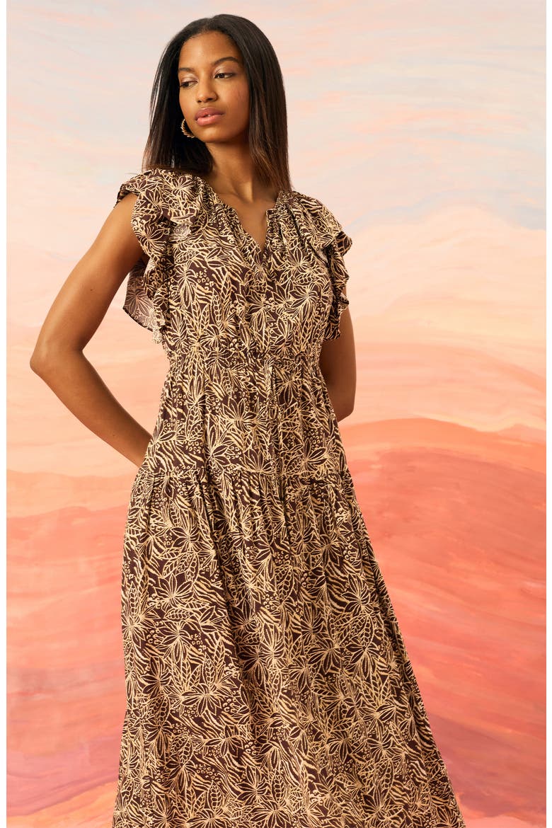 Ruffle Cap Sleeve Midi Dress, Alternate, color, BROWN/ IVORY