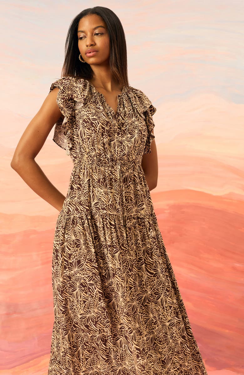 The Good Journey Ruffle Cap Sleeve Midi Dress, Alternate, color, Brown/ Ivory