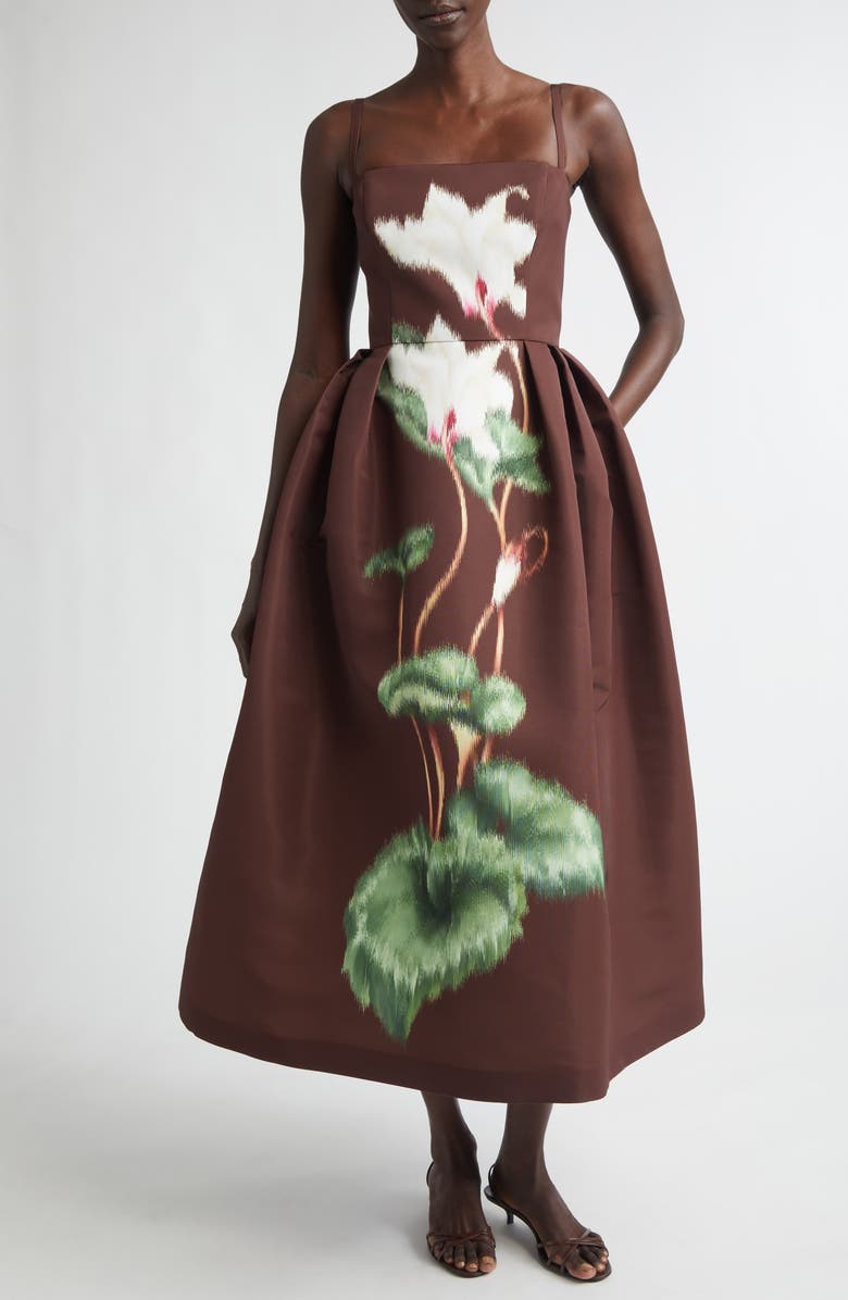 Oscar de la Renta Chiné Cyclamen Pleated Satin Fit 
Flare Dress, Main, color, White/ Mahogany