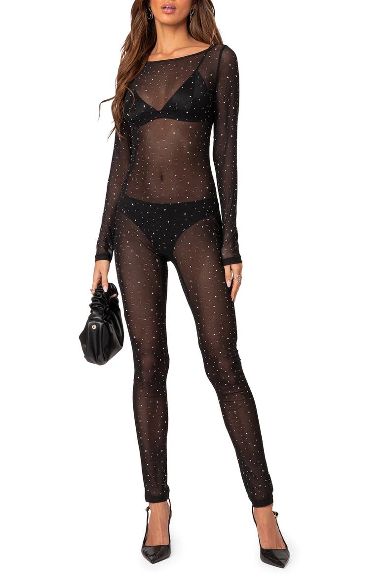 Kristine Rhinestone Sheer Long Sleeve Mesh Jumpsuit, Main, color, BLACK