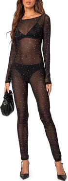 EDIKTED Kristine Rhinestone Sheer Long Sleeve Mesh Jumpsuit