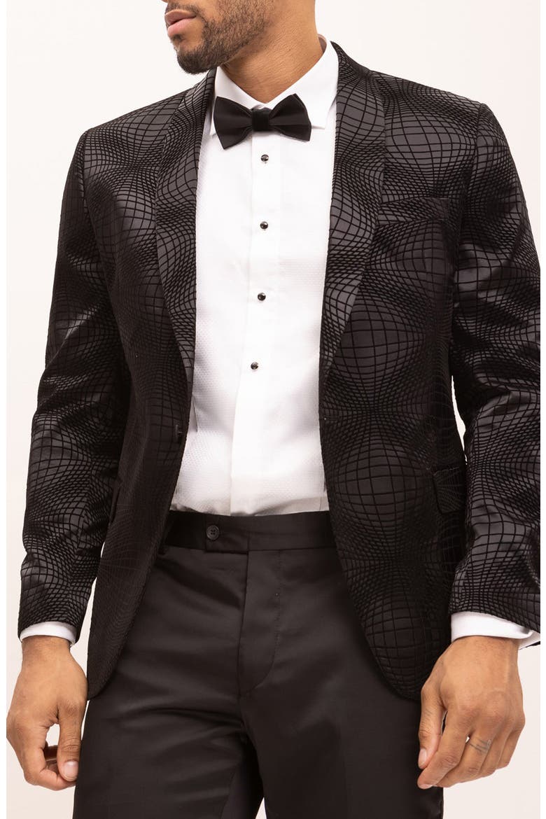 Geometric Flocked Shawl Collar Formal Jacket, Main, color, BLACK